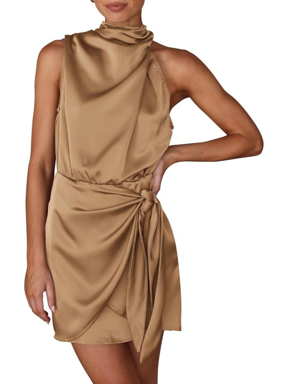 Women's Light Khaki Sleeveless Mock Neck Formal Satin Tie Waist Tank Top Dress